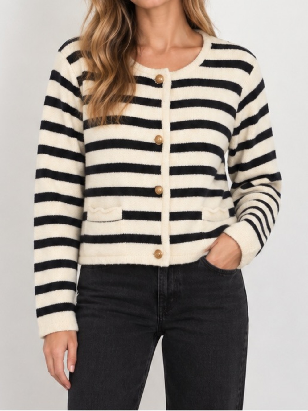 Easy Clothes Striped Knit Lady Jacket Cardigan Sweater Gold Buttons Black White